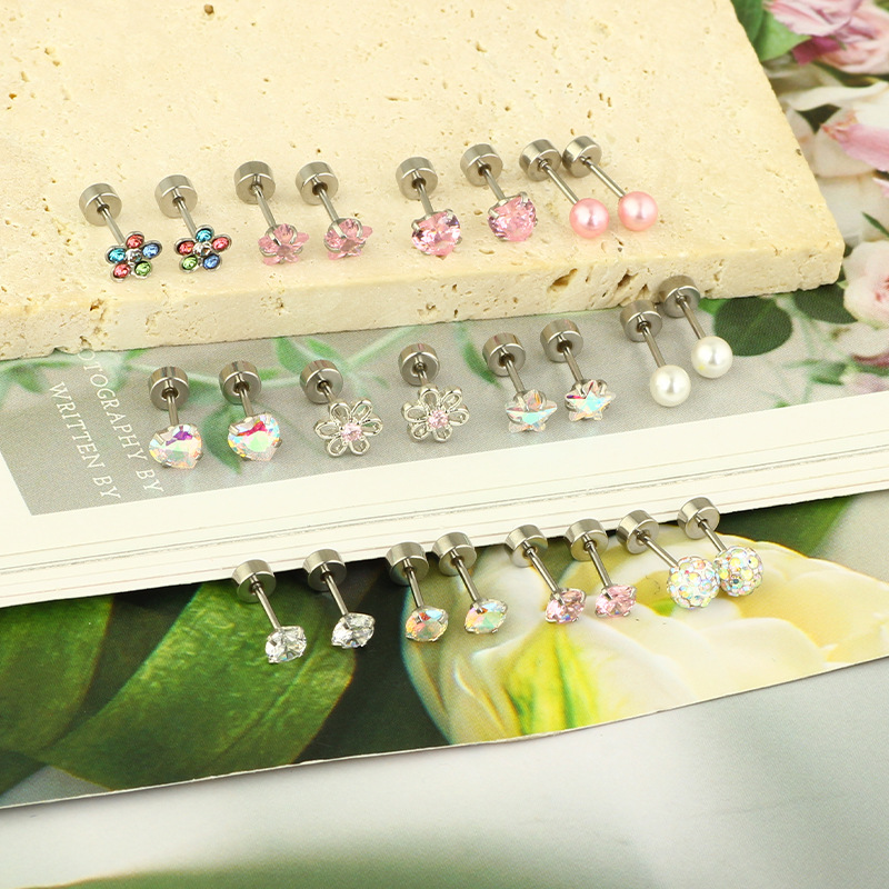 Amazon New Stainless Steel Star Ear Stud Screw Ear Nail Pink 24-Piece Set - Geometric Body Jewelry Wholesale - Image 3