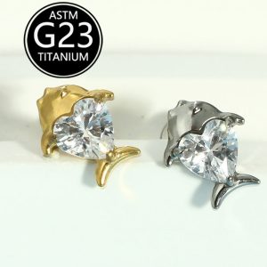 F136 Heart-Shaped Fish Lip Piercing with Zircon Inlay, Dolphin G23 Titanium Body Piercing, Ear Cartilage Stud, Sold Individually