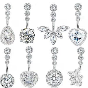 Zircon Belly Button Ring Dangle Piercing Jewelry - White Gold Tone Copper, Sparkle Navel Ring for Women