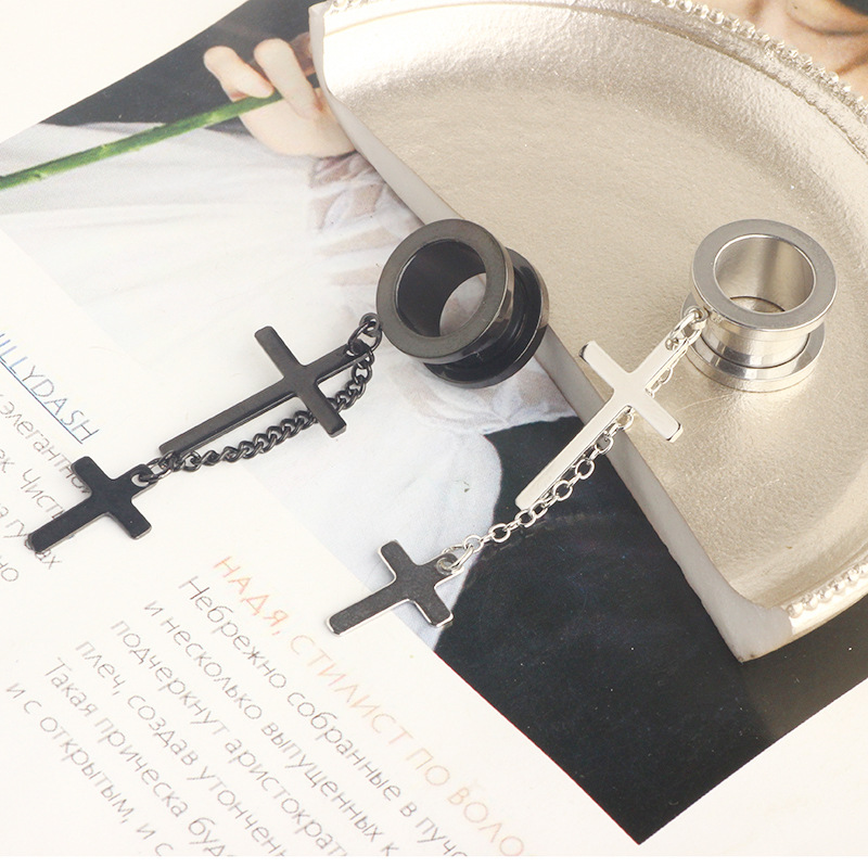 Cross Pendant Ear Auger 316L Surgical Steel Black Ear Piercing Jewelry - Image 3