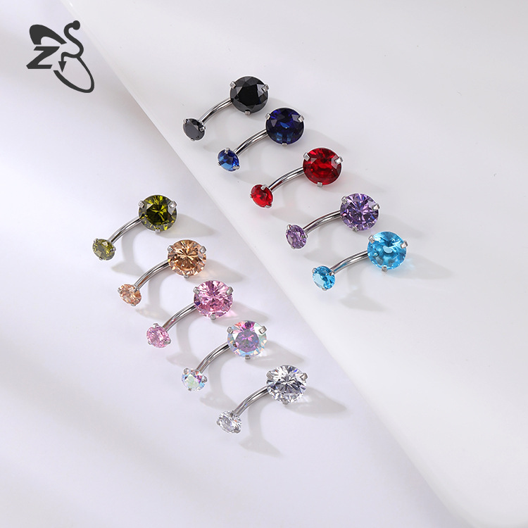 Red Zircon Inner Teeth Titanium Steel Umbilical Nail, Double Head Gem-inlaid Stainless Steel Belly Button Ring, 1.6mm Thick 10mm Bar, Women's Body Piercing Jewelry - Image 3