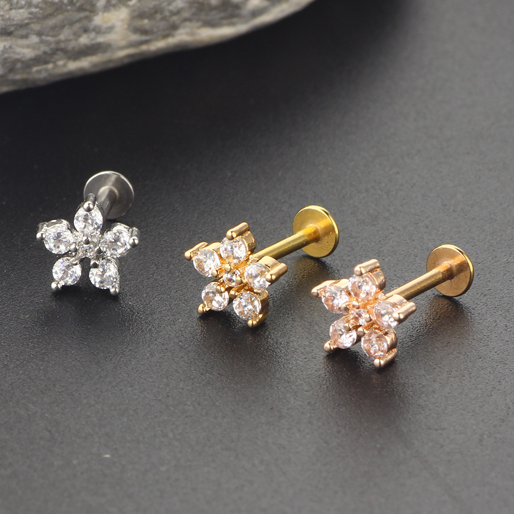 Zircon Flower 8mm Rose Gold Stainless Steel Ear Stud Earring for Women Body Piercing Jewelry - Image 2