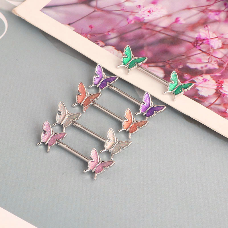 14G Champagne Butterfly Nipple Ring Set Oil Drip Design Stainless Steel Sexy Nipple Jewelry - Image 2