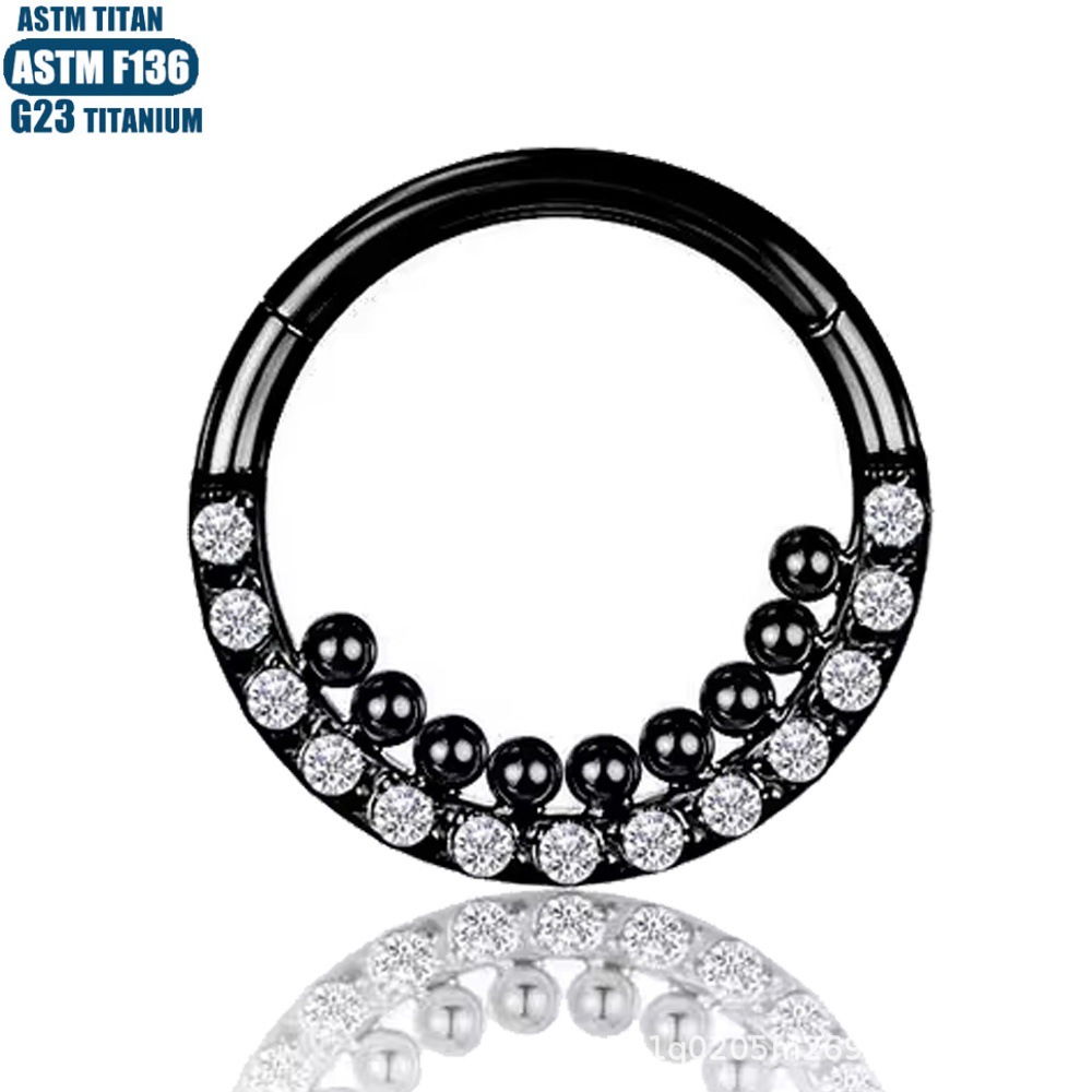 F136 Titanium Alloy Nose Ring Earrings with Zircon Inlaid Beads, Hinged Piercing Nose Ring, Septum Ring with Diamonds - Image 4