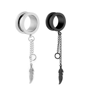 Snail Leaf Chain Pendant Ear Expander - 25mm Black 316L Surgical Steel Cartilage Earring for Gauged Ears