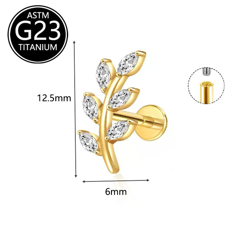 2025 New ASTm F-136 Titanium Alloy Full Diamond Leaf Lip Nail Ear Bone Nail Cross-Border Earrings Piercing Jewelry - Image 2