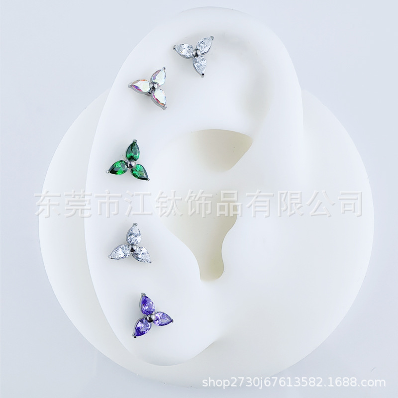 G23 Titanium Ear Nail Water Drop Clover Diamond Cartilage Stud Earring - Image 2