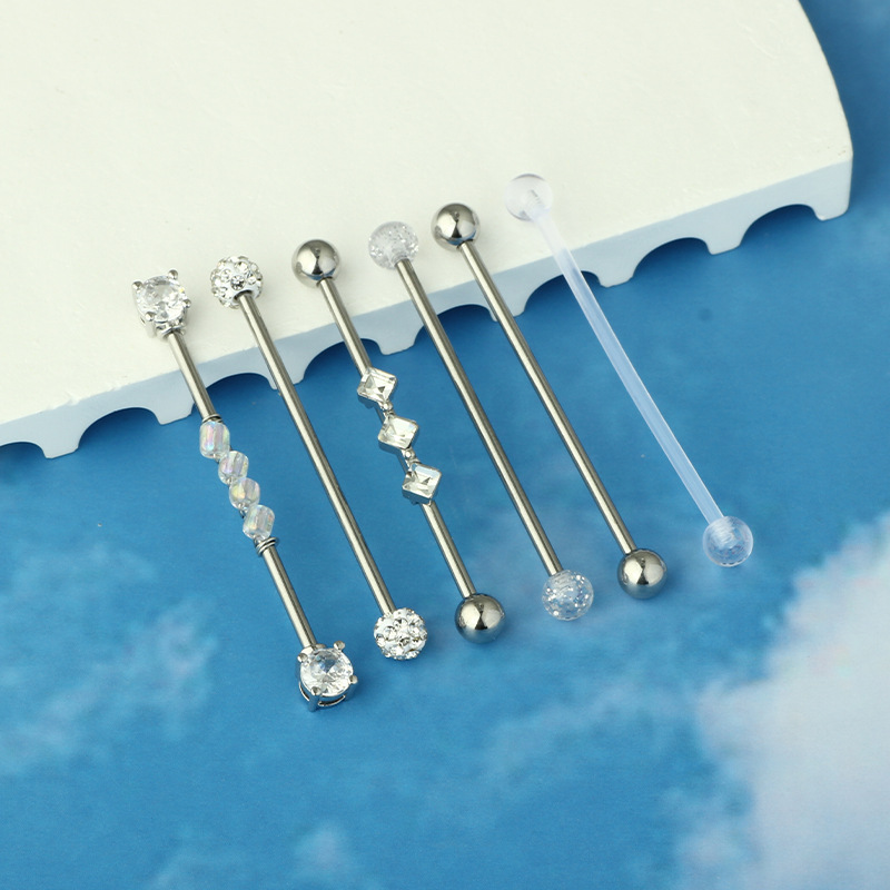 316L Surgical Steel Stainless Steel Square Industrial Earring Straight Rod Zircon Flower Long Rod Ear Bridge Nail, Cartilage Piercing Jewelry - Image 3