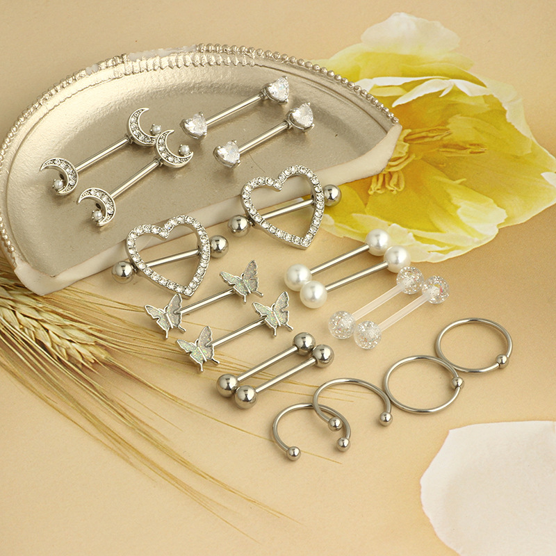 Stainless Steel Zircon Heart Breast Nipple Ring Set - 18K Gold Plated Body Piercing Jewelry for Women Men - Image 4