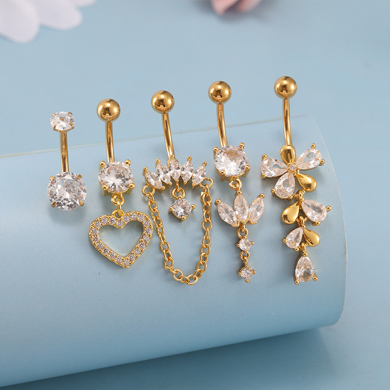 Amazon's Best-Selling 5-Piece Set Stainless Steel Belly Button Rings with Zircon Water Drop and Heart-Shaped Navel Piercing Jewelry in Stock - Image 2