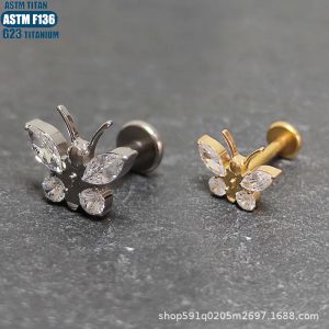 G23 Titanium Butterfly Zircon Lip Ring Inner Thread Spiral Piercing Earrings Small Earrings