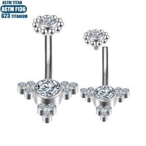 G23 Perforated Navel Ring Bead Cluster Zircon Internal Thread 14G Titanium Belly Button Ring