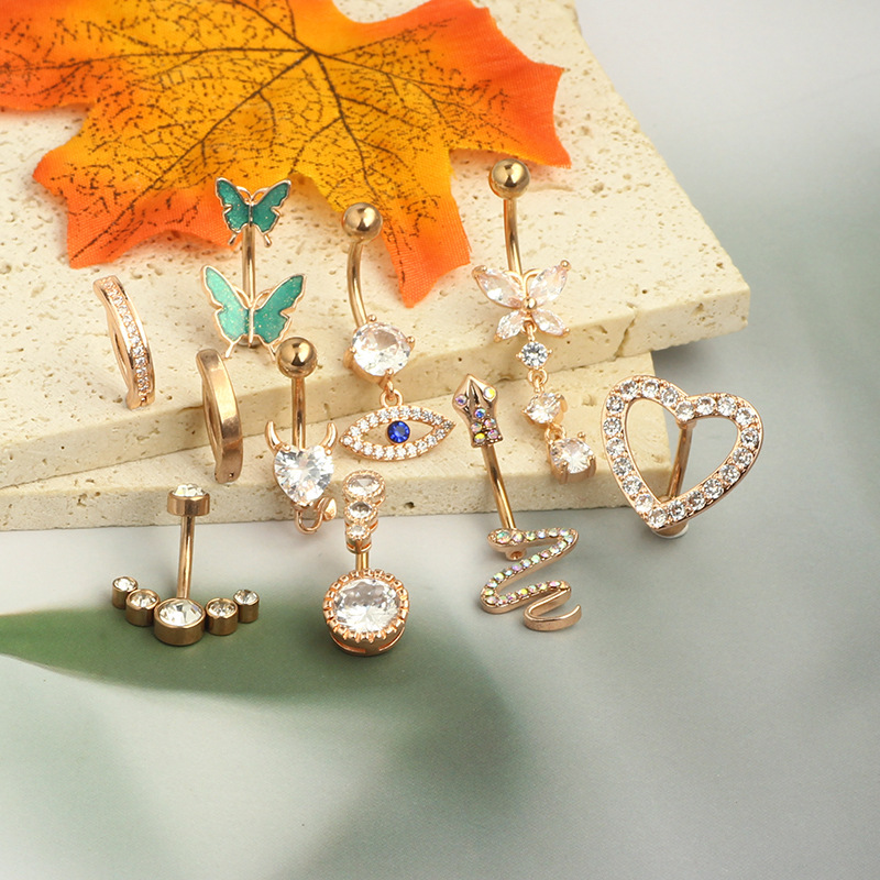 Rose Gold Stainless Steel Inlaid Zircon Belly Button Ring Love Full Diamond Belly Nail Butterfly Piercing Jewelry 10-Piece Set - Image 5