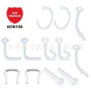 Clear Glass Straight Nose Stud L Bend Straight Barbell Body Piercing Jewelry Invisible Nose Ring
