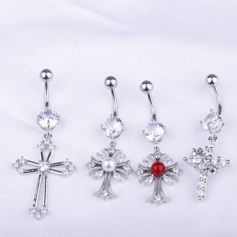 Diamond Crown Cross Belly Button Ring Gold Dangle Body Piercing Jewelry - Image 2