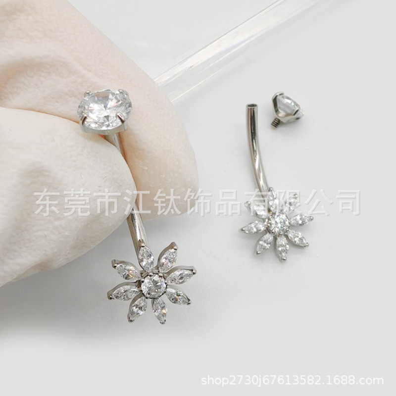G23 Titanium Gold Flower Navel Ring with 5A CZ - Internally Threaded Belly Button Piercing Jewelry - Image 2