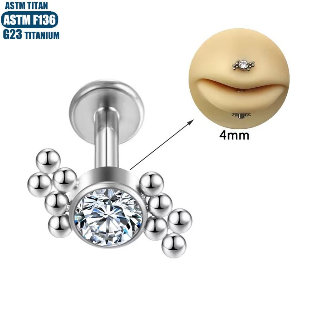 Silver Zircon Bead Cluster Thread Inner Teeth Lip Stud - F136 Titanium Small Earrings Body Piercing Jewelry - Image 4
