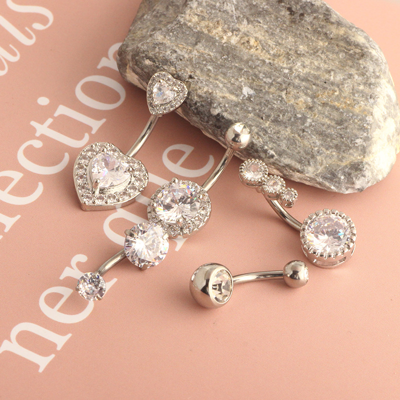 Stainless Steel Heart Navel Ring with Copper Inlaid Zircon - Rose Gold Belly Button Jewelry - Image 3