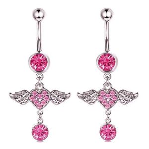 Stainless Steel Inlaid Zircon Angel Wing Navel Ring - Full Diamond Love Belly Button Ring Cross-Border Hot Pink