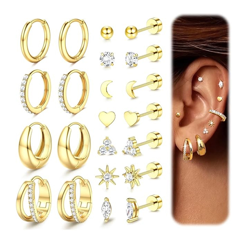 22-Piece Heart Inlaid Zircon Earring Set, Real Gold Brass Electroplated Stainless Steel Earrings for Women and Men - Image 5