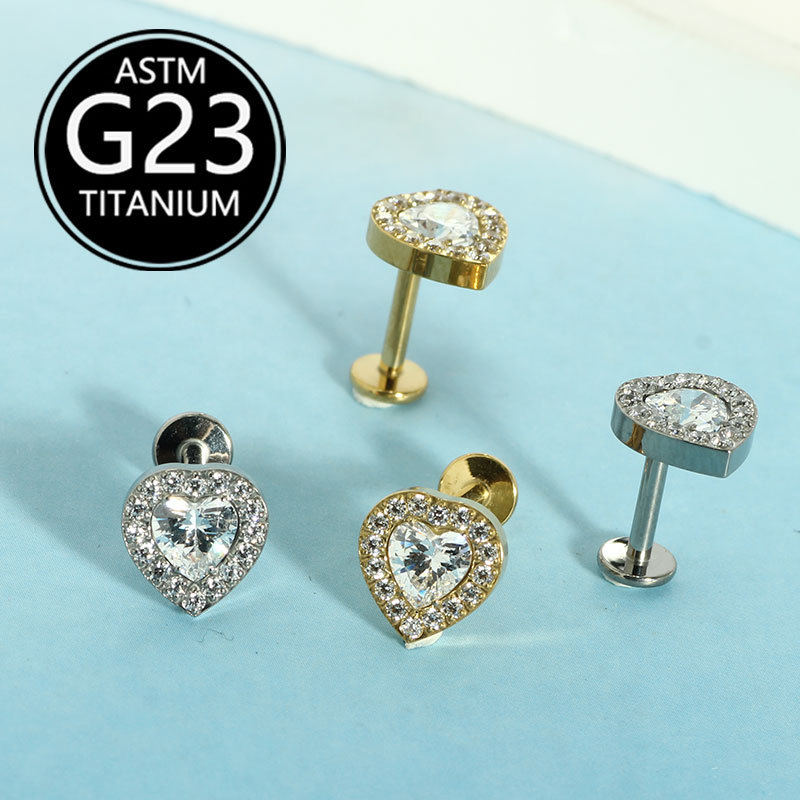 G23 Titanium Full Diamond Heart Lip Nail Earrings Implant Grade Skin-Friendly Ear Bone Piercing Jewelry - Image 3
