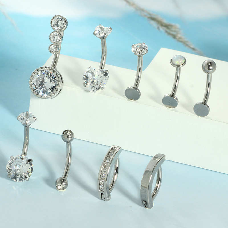 Spot New 9 Piece Set of Navel Rings Fashionable Zircon Encrusted Stainless Steel Belly Button Jewelry - Image 3