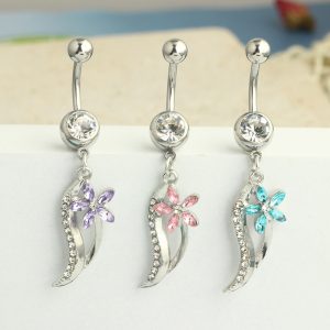 Trend Blue Purple Heart Stainless Steel Belly Button Ring Dangle Navel Piercing Jewelry