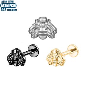 G23 Titanium Bee Lip Ring 16G Labret Stud Inner Thread Body Piercing Jewelry for Women Men Lip Ear