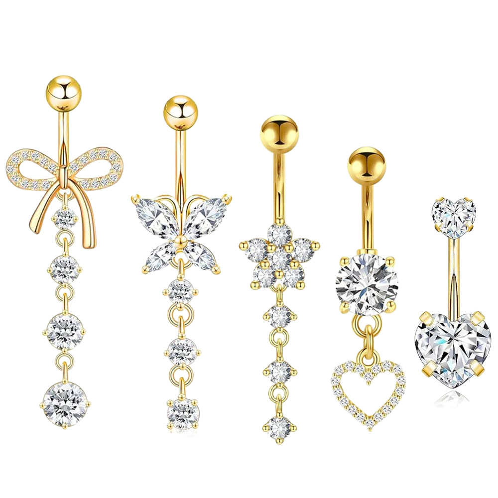 5-Piece Rose Gold Stainless Steel Belly Button Ring Set, Heart Butterfly Pendants, Zirconium Navel Ring Piercing Jewelry Wholesale - Image 5