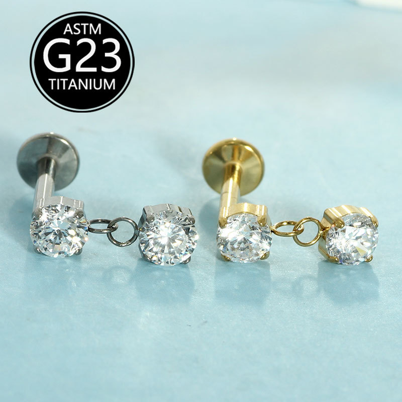 F136 Titanium Lip Nail Round Zircon Water Drop Pendant Earrings G23 Titanium Flat Bottom Internal Thread Marquise Ear Bone Nail - Image 2