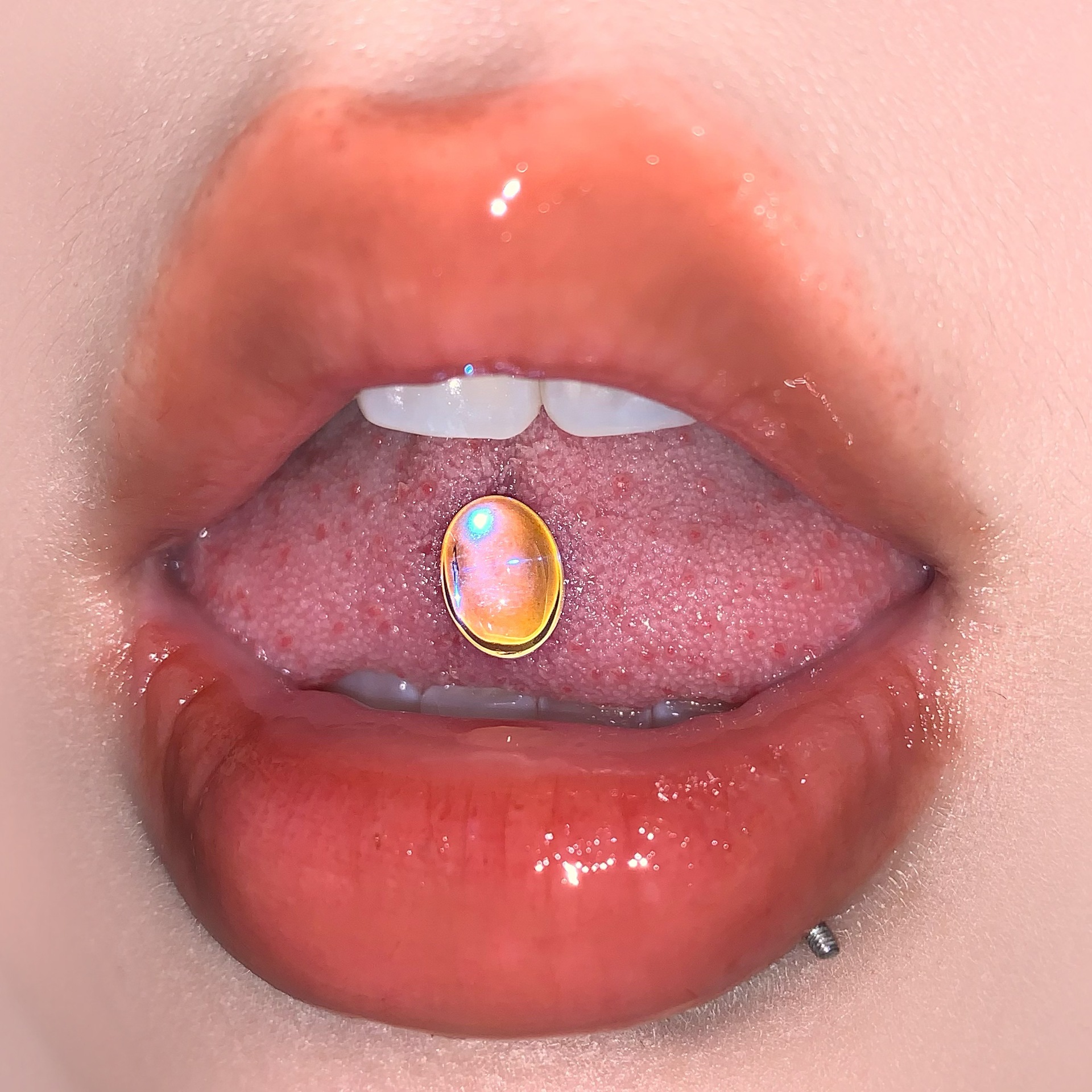 Polarized Moonstone Oval Titanium Steel External Thread Tongue Ring Barbell - European American Sexy Style Body Piercing Jewelry - Image 2