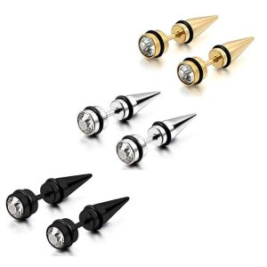Gold Spike Cone Bullet Earrings Stainless Steel Titanium Steel Diamond Ear Bone Nails for Men Women Stylish Hip Hop