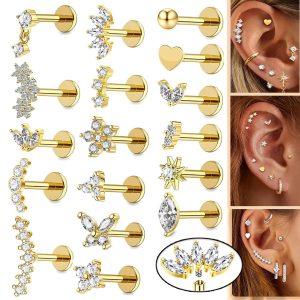 Stainless Steel + Copper Zircon Internal Thread Lip Piercing 16G Moon Cartilage Earring