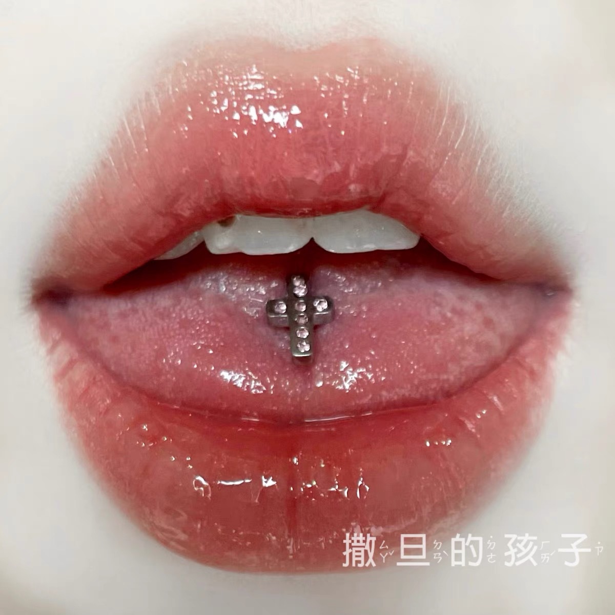Titanium Steel Cross Tongue Barbell External Thread Hot Girl Tongue Ring Piercing Jewelry Light Purple Crystal - Image 2