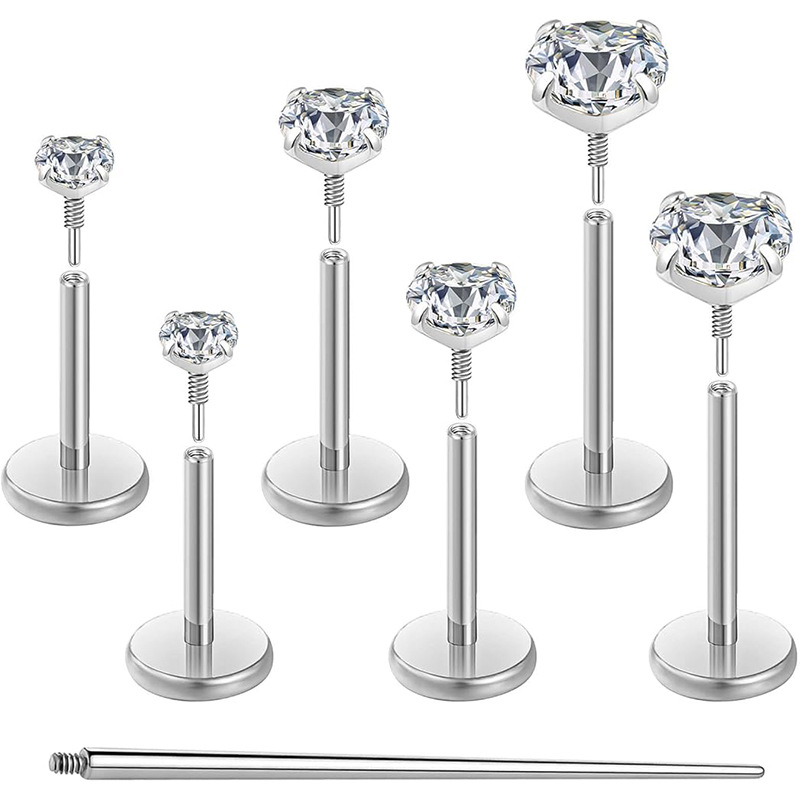 G23 Titanium Lip Piercing Jewelry Internal Thread Labret Stud with Zircon Flat Bottom Wholesale - Image 5