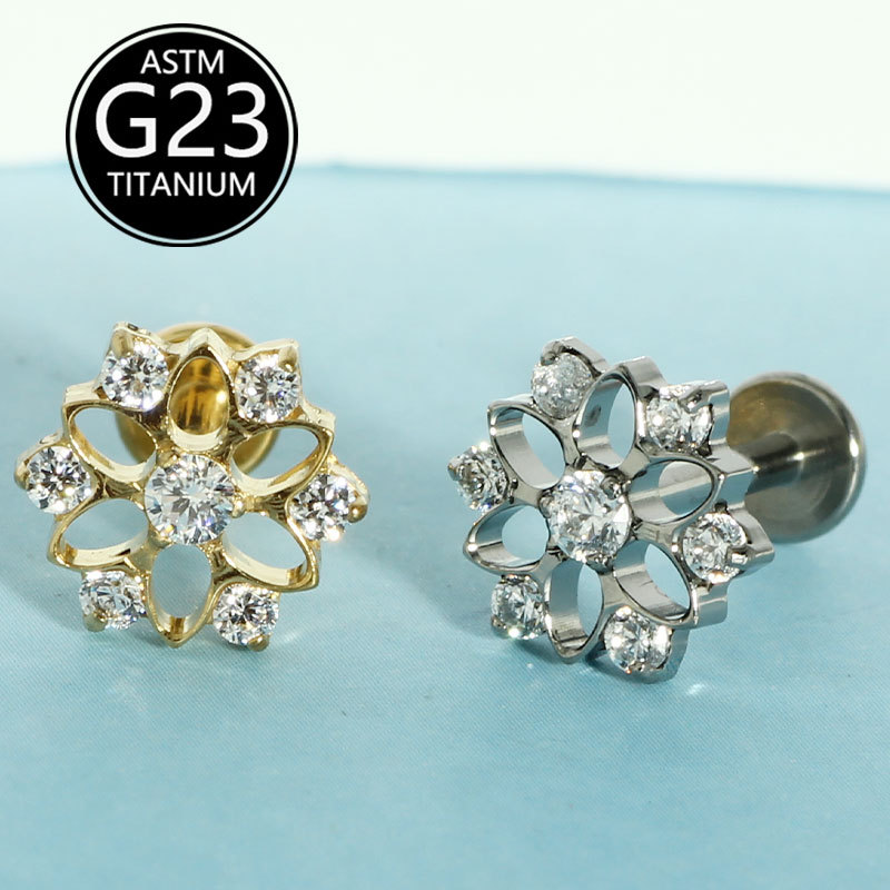 G23 Titanium Earrings Cut Out Flower Inlaid Zircon Ear Bone Nails Body Piercing Jewelry - Image 3