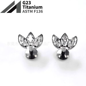 F136 Titanium Internal Thread Three-Leaf Marquise Zircon Lip Stud Earring G23 Titanium Alloy Piercing Jewelry Ear Bone Stud