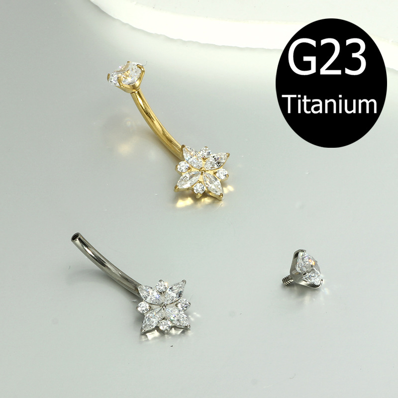 G23 Titanium Inlaid Zircon Marquise Navel Stud - Internally Threaded Belly Button Ring - Image 2