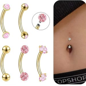 5-Piece Set Stainless Steel Double-Headed Zircon Curved Rod Navel Rings Internally Threaded Multi-Color Belly Button Jewelry
