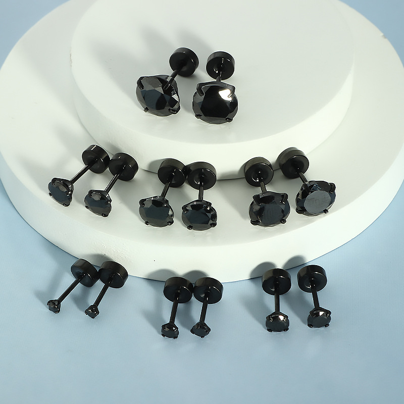 Cross-Border Stainless Steel Round Multi-Size Zircon Earrings - Four-Claw Zirconium Bone Nails Ear Studs Wholesale 5 Pairs - Image 3