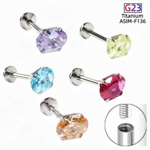 G23 Titanium Alloy Lip Nail Earrings Oval Four-Claw Inlaid Zircon Body Piercing Jewelry