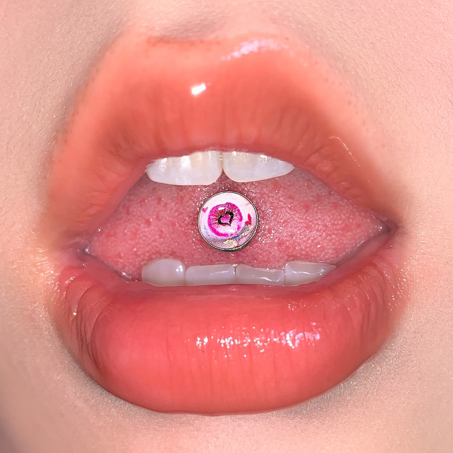 Pink Love Bubble Heart Tongue Barbell 20mm 1.6mm Stainless Steel External Thread Tongue Piercing Jewelry for Women - Image 2