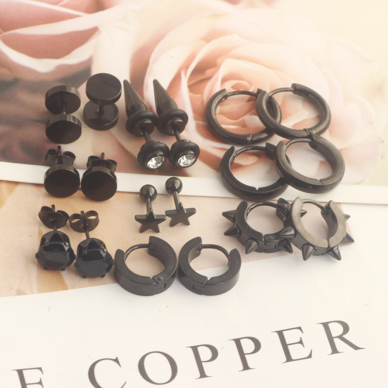 9 Pair Black Silver Zircon Earrings Round Barbell Earrings Men's Personality Cross-border Amazon Set - Image 3