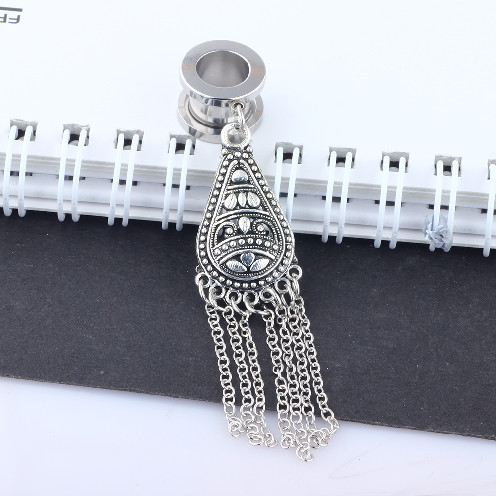 Star Moon Water Drop Tassel Auricle Stainless Steel Hollow Ear Expander Thread Expander Earrings - Image 5