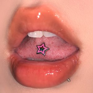 316L Titanium Steel External Thread Tongue Barbell - Black Five-Pointed Star Oral Piercing Jewelry Wholesale