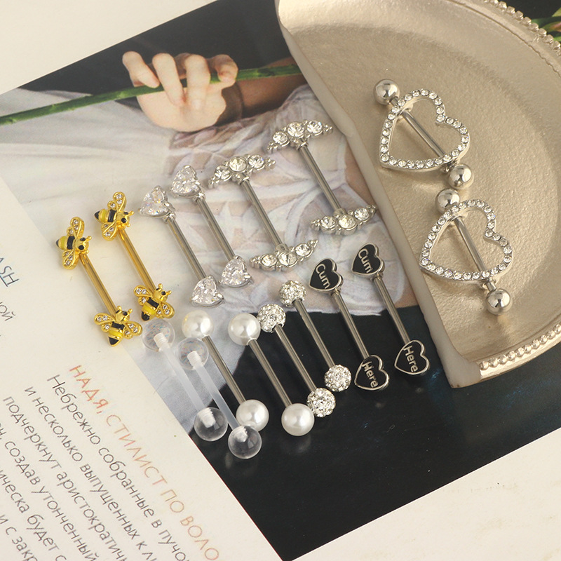 Stainless Steel Zircon Nipple Ring Set - 9 Pairs Nipple Piercing Jewelry with Tongue Nail Nails, Popular Body Piercing Set - Image 2