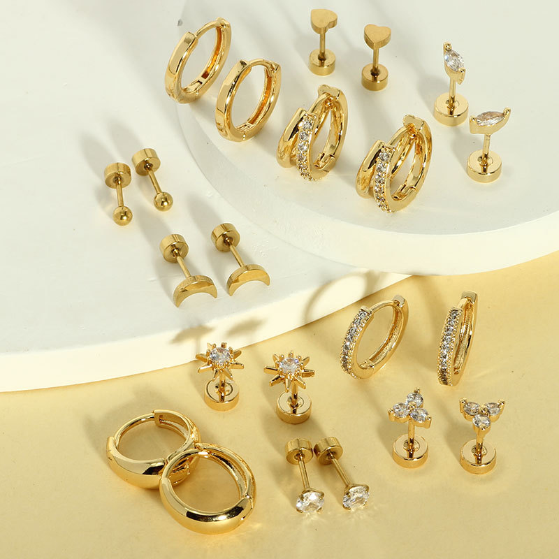 22-Piece Heart Inlaid Zircon Earring Set, Real Gold Brass Electroplated Stainless Steel Earrings for Women and Men - Image 4