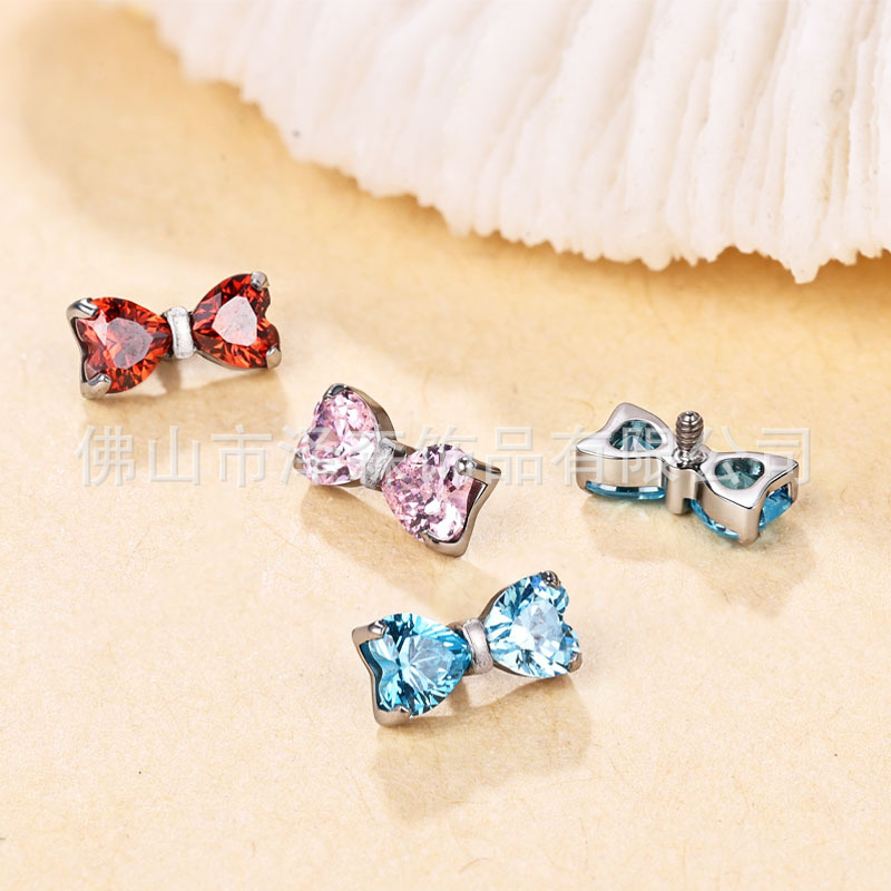 F136 Titanium Alloy Bowknot Zircon Ear Studs, G23 Titanium Lip Studs, Body Piercing Jewelry - Image 2