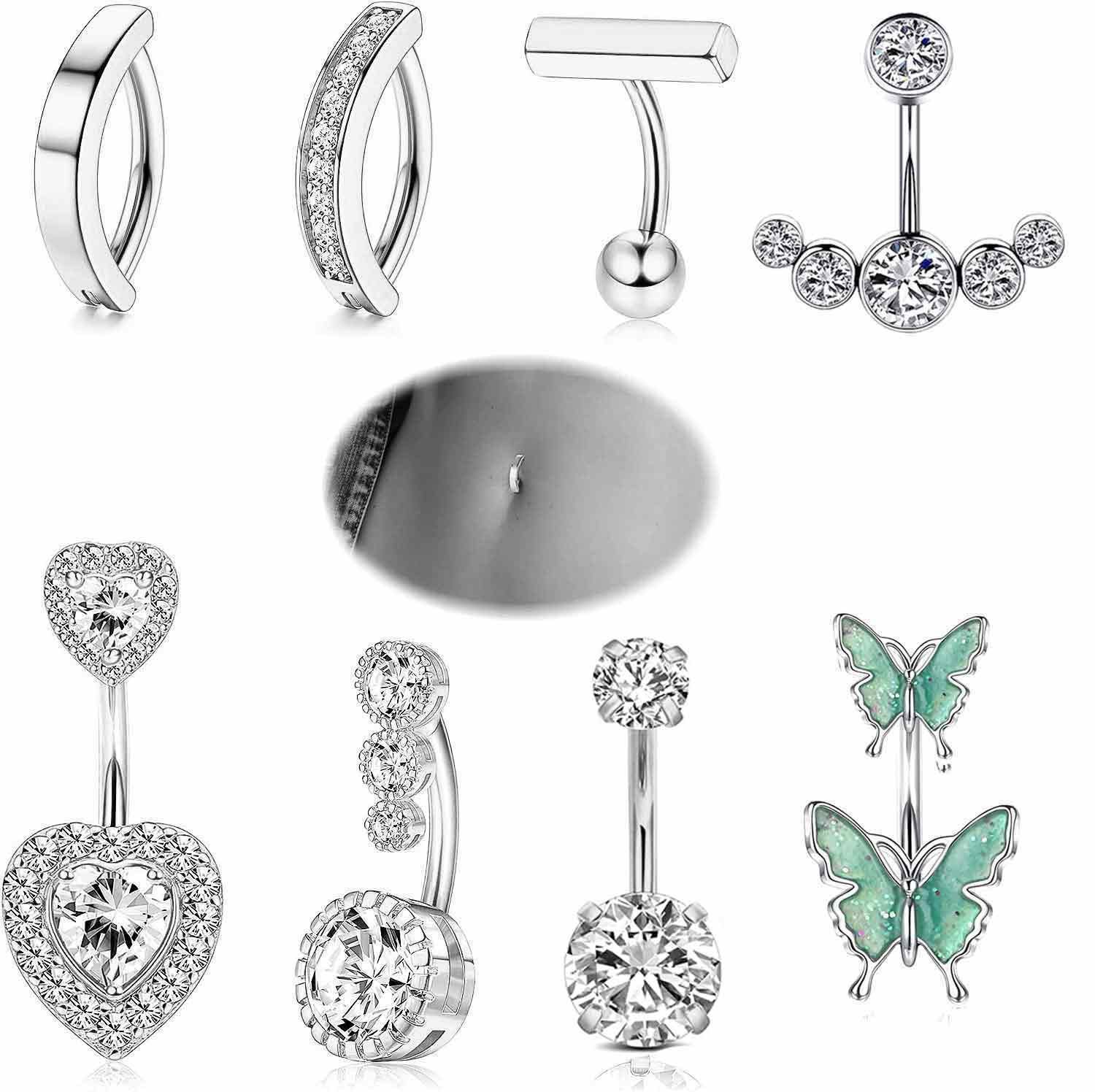 8-Piece Rose Gold CZ Navel Ring Set Stainless Steel Body Piercing Jewelry Navel Belly Button Rings - Image 2