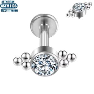 G23 Titanium Bead Cluster Zircon Lip Ring Thread Inner Teeth Lip Stud Perforated Small Ear Stud Body Piercing Jewelry Women's Earrings